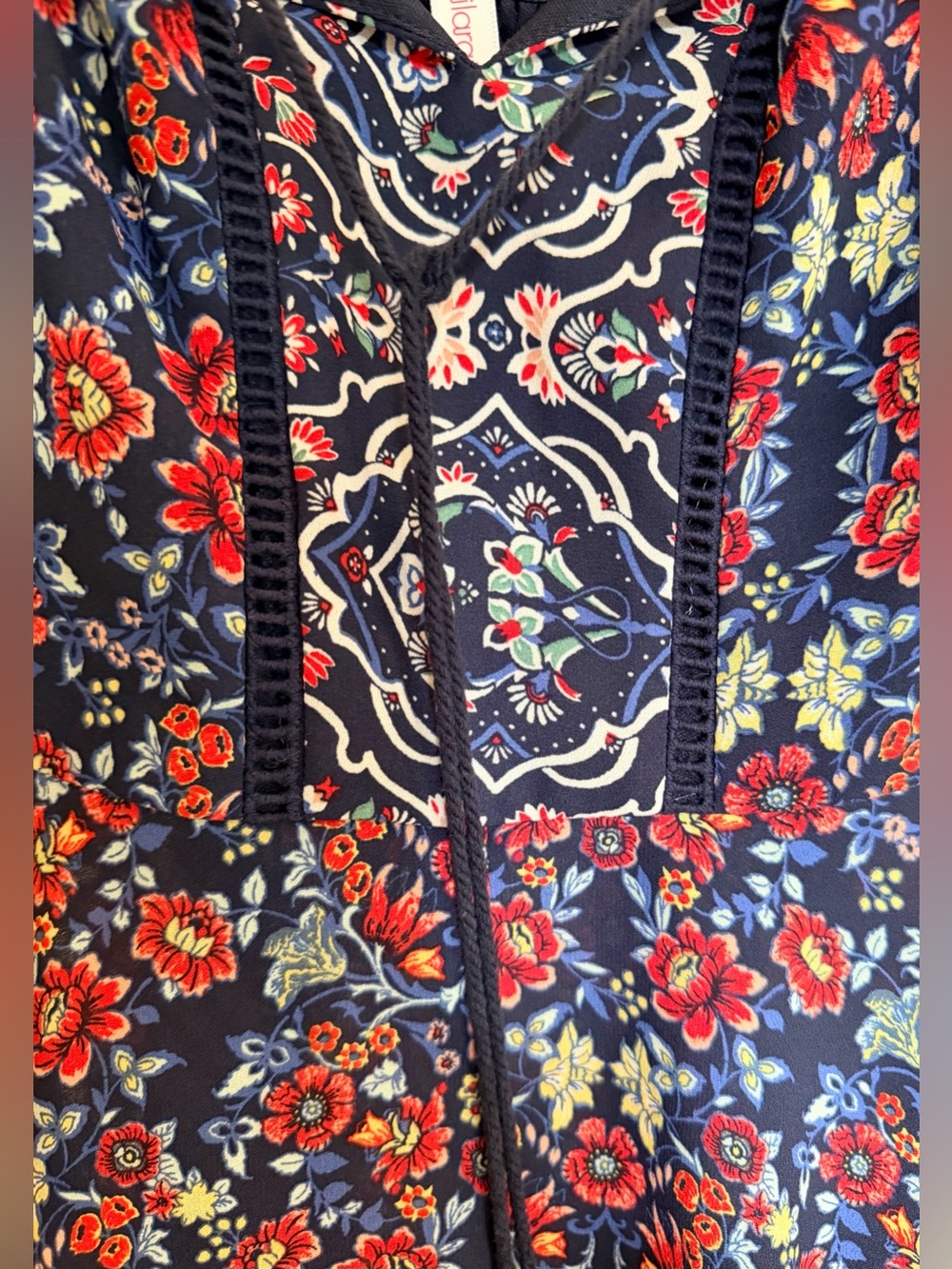 Xhilaration Navy Floral Boho Mini Dress Tassel Tie Smocked Pockets XS - Picture 14 of 16